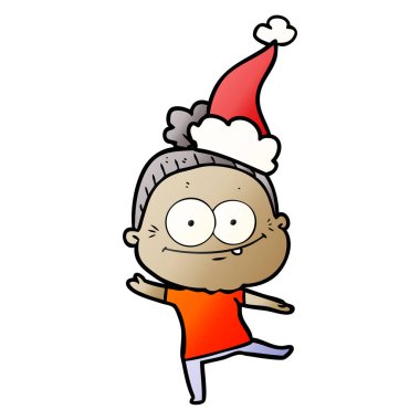 Noel Baba şapkası giyen bir mutlu yaşlı kadının degrade çizgi film el çekilmiş