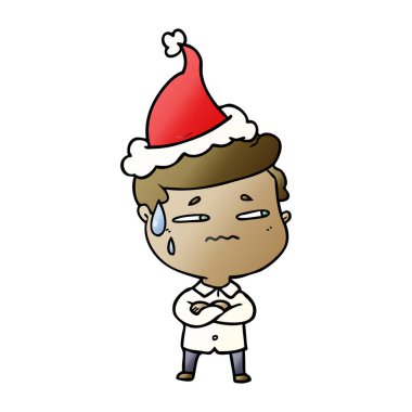 Noel Baba şapkası giyen endişeli bir adamın degrade çizgi film el çekilmiş