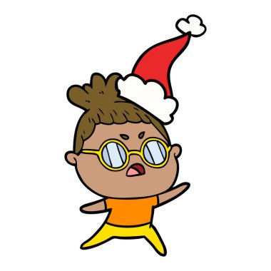 çizim için Noel Baba şapkası giyen rahatsız bir kadının el çekilmiş