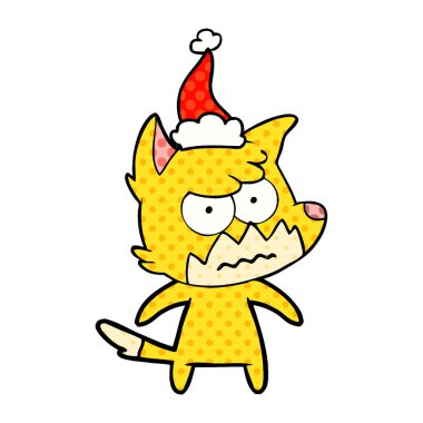 çizgi roman tarzı illüstrasyon santa şapka rahatsız tilki el çekilmiş