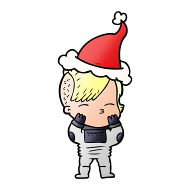 Noel Baba şapkası giyen fütüristik kıyafetleri bir kızın degrade çizgi film el çekilmiş