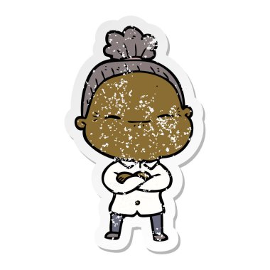 bir çizgi film huzurlu yaşlı kadının sıkıntılı etiket