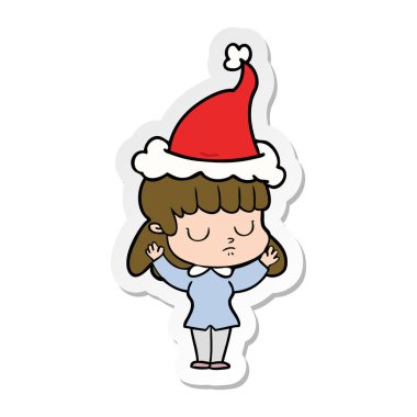 etiket karikatür Noel Baba şapkası giyen bir kayıtsız kadının el çekilmiş