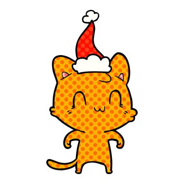 Noel Baba şapkası giyen bir mutlu kedi çizgi roman tarzı çizimi el çekilmiş