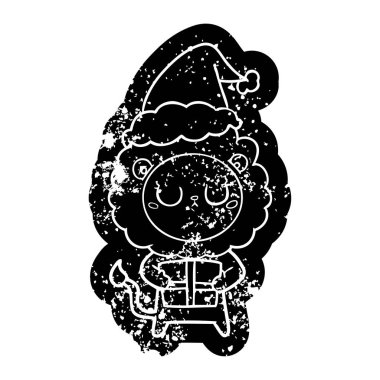 Noel Noel Baba şapkası giyen hediyesi ile aslan ilginç karikatür sıkıntılı simgesi