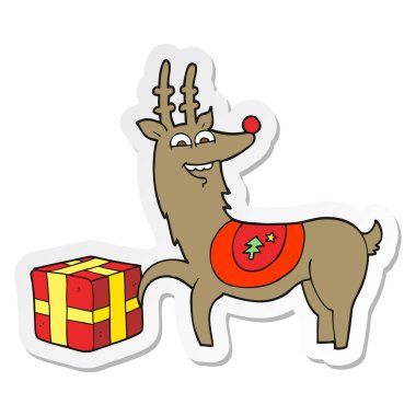 etiket bir karikatür Noel reindeer ile hediye