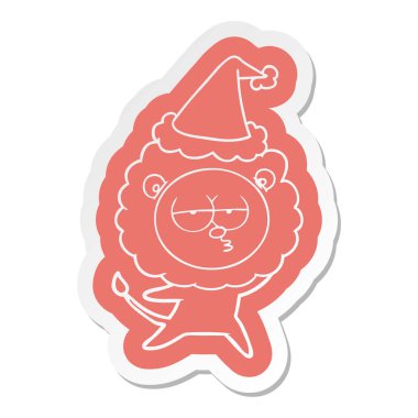 Noel Baba şapkası giyen sıkılmış aslan ilginç çizgi film etiketi