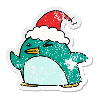 Noel sıkıntılı etiket karikatür kawaii Penguin el çekilmiş