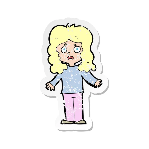 Retro Noodlijdende Sticker Van Een Cartoon Bezorgd Vrouw — Stockvector