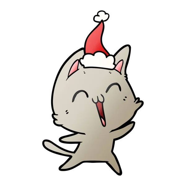 Dibujo Animado Gradiente Dibujado Mano Feliz Gato Con Sombrero Santa — Vector de stock