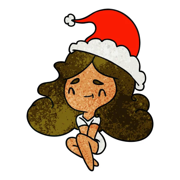 Dibujado Mano Navidad Con Textura Dibujos Animados Chica Kawaii — Vector de stock