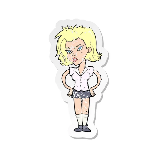 Retro noodlijdende sticker van een cartoon vrouw met handen op de heupen — Stockvector