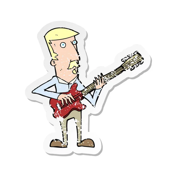 Retro Distressed Sticker Cartoon Man Playing Electric Guitar — Stock Vector