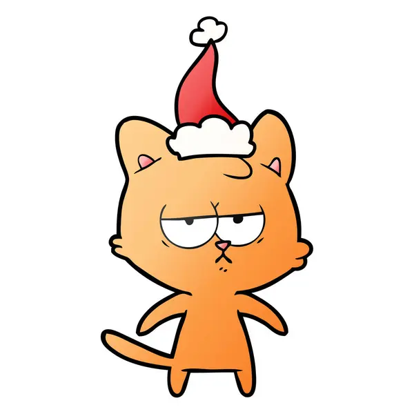 Aburrido Mano Dibujado Gradiente Dibujos Animados Gato Con Sombrero Santa — Vector de stock
