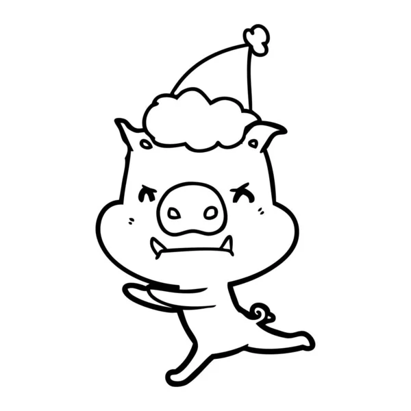 怒っている手描き線画のサンタの帽子を身に着けている豚 — ストックベクタ