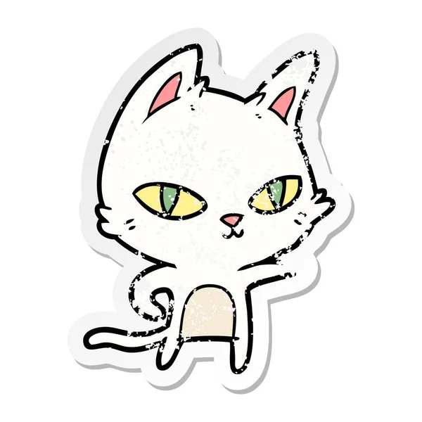 Verontruste sticker van een cartoon kat staren — Stockvector