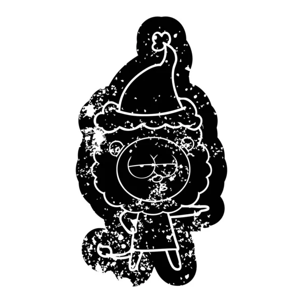 Причудливая Мультяшная Икона Скучающего Льва Шляпе Санты — стоковый вектор