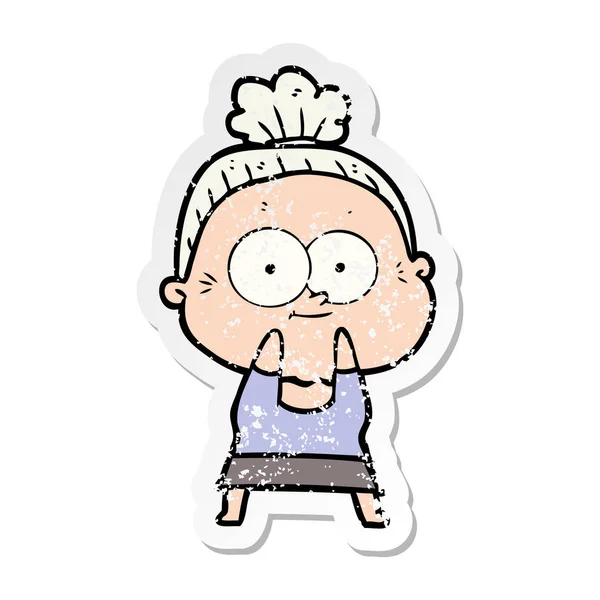 Distressed sticker of a cartoon happy old woman — Stock Vector