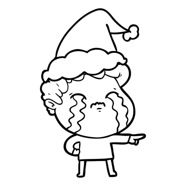 Handgezeichnete Linienzeichnung Eines Weinenden Mannes Mit Weihnachtsmütze — Stockvektor