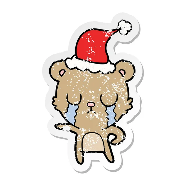 Weinende Hand Gezeichnet Verzweifelte Aufkleber Karikatur Eines Bären Mit Weihnachtsmütze — Stockvektor