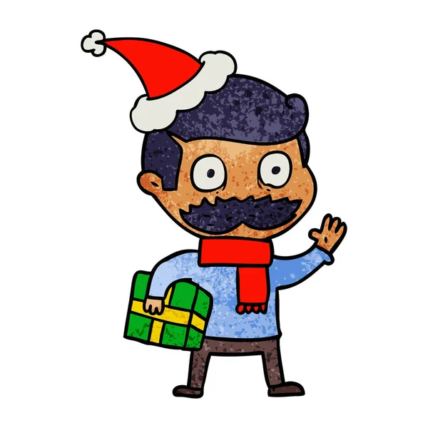 Texturierte Karikatur eines Mannes mit Schnurrbart und Weihnachtsgeschenk — Stockvektor