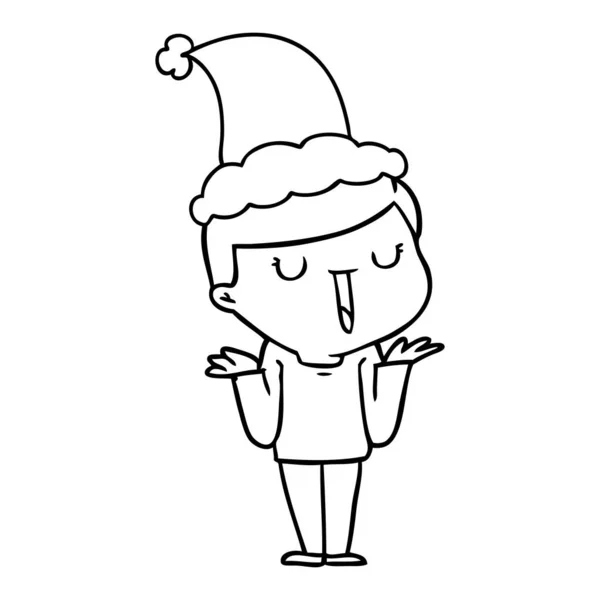 Linha desenho de um menino feliz, sem preocupações vestindo chapéu de Papai Noel —  Vetores de Stock