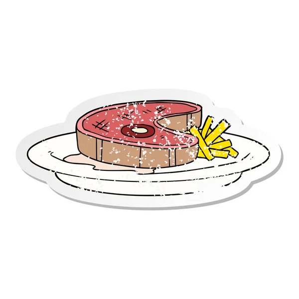 Distressed Sticker Cartoon Steak Dinner — Stock Vector