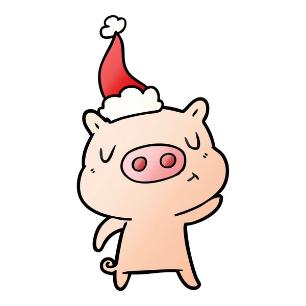 Gradienten-Karikatur eines zufriedenen Schweins mit Weihnachtsmütze — Stockvektor