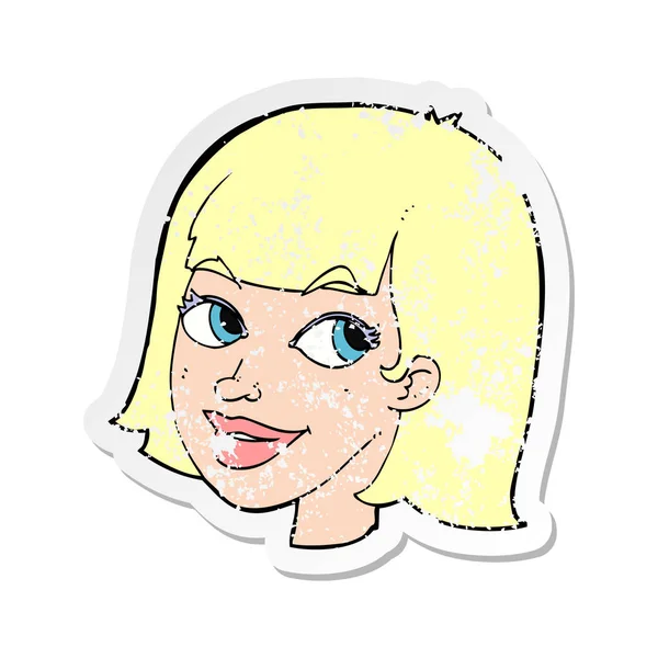 Retro Distressed Sticker Cartoon Happy Female Face — Stock Vector