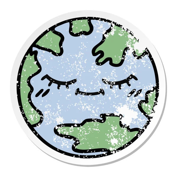 Verontruste sticker van een leuke cartoon planeet aarde — Stockvector