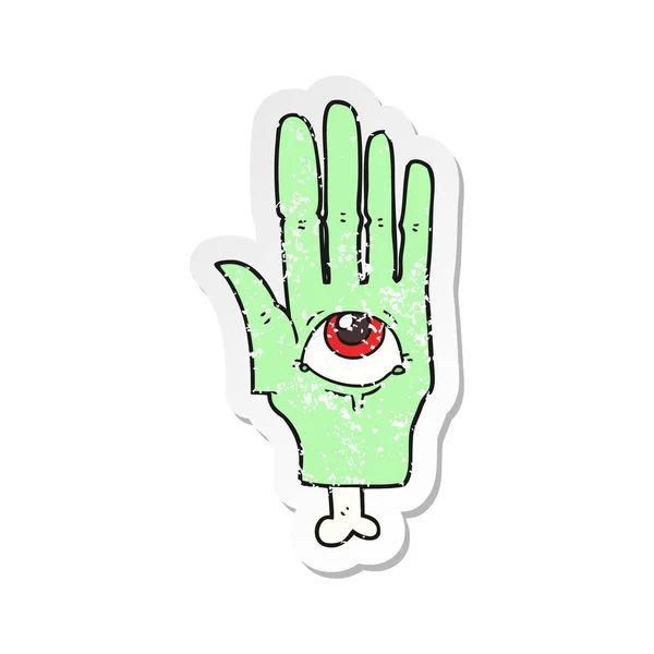 Retro Nödställda Klistermärke Tecknad Spooky Öga Hand — Stock vektor