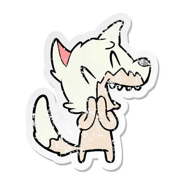 Verontruste sticker van een lachende fox cartoon — Stockvector