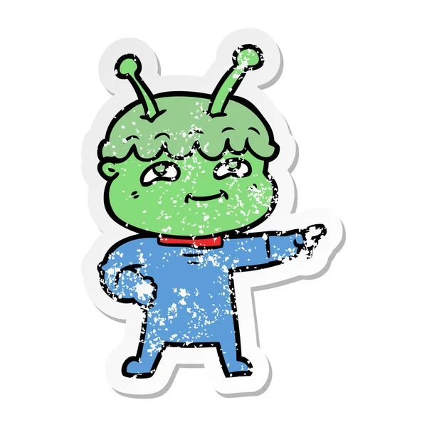 Verontruste sticker van een vriendelijke cartoon-spaceman — Stockvector