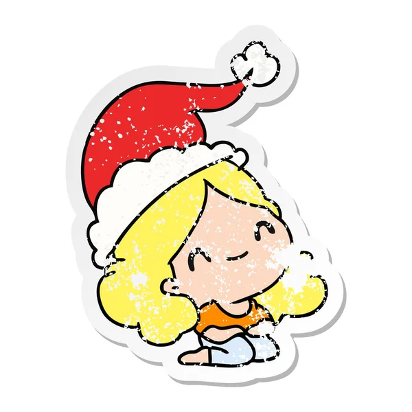 Christmas distressed sticker cartoon von kawaii girl — Stockvektor