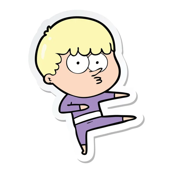 Sticker of a cartoon curious boy dancing — Stock Vector