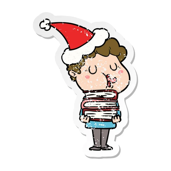 Handgezeichneter Aufkleber Karikatur Eines Singenden Mannes Mit Weihnachtsmütze — Stockvektor