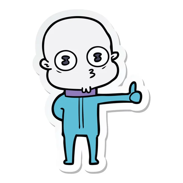 Sticker Cartoon Weird Bald Spaceman Giving Thumbs — Stock Vector