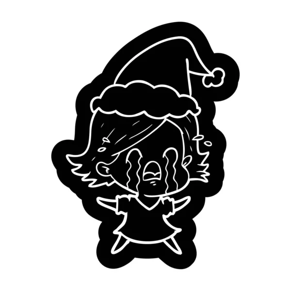 Icono de dibujos animados de una mujer llorando con sombrero de santa — Vector de stock