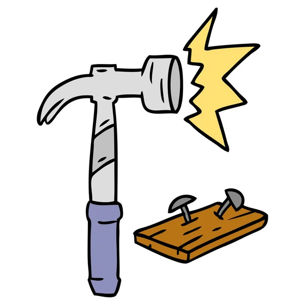 Doodle de desenho animado de um martelo e pregos —  Vetores de Stock