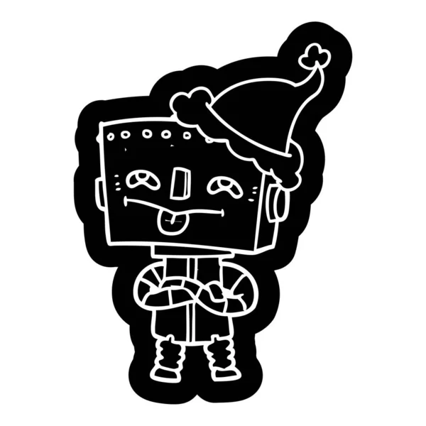 Ícone Desenho Animado Peculiar Robô Usando Chapéu Santa — Vetor de Stock