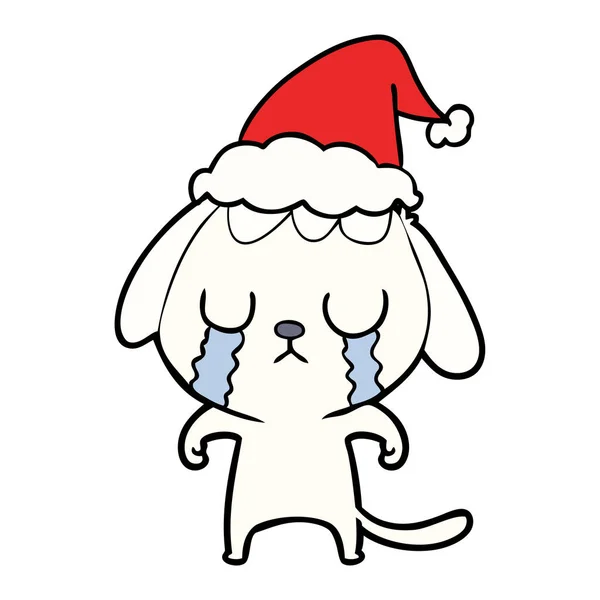 Cute Hand Drawn Line Drawing Dog Crying Wearing Santa Hat — Stock Vector