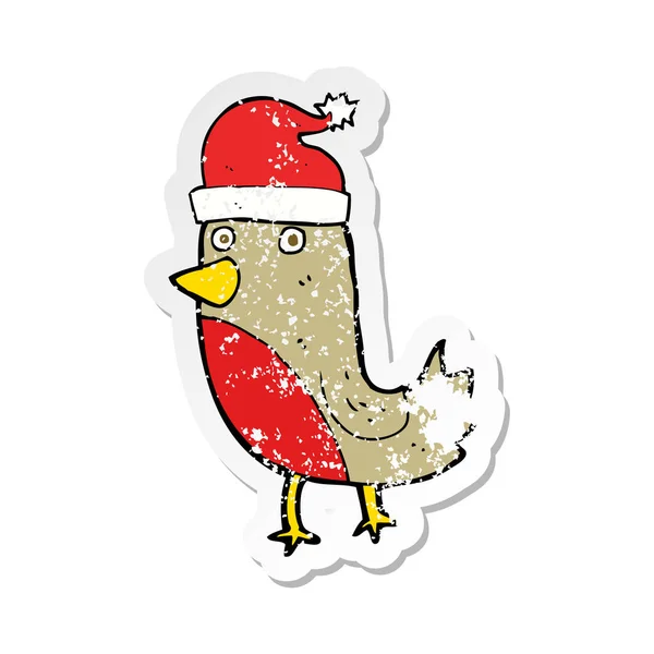 Retro Distressed Sticker Cartoon Christmas Robin — Stock Vector