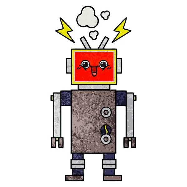 Retro grunge doku karikatür mutlu robot — Stok Vektör