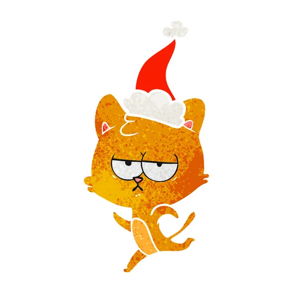 Bored Hand Drawn Retro Cartoon Cat Wearing Santa Hat — Stock Vector