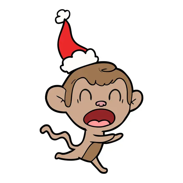 Shouting Hand Drawn Line Drawing Monkey Wearing Santa Hat — Stock Vector