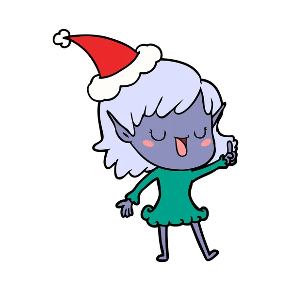 Línea de dibujo de una chica elfa con sombrero de santa — Vector de stock