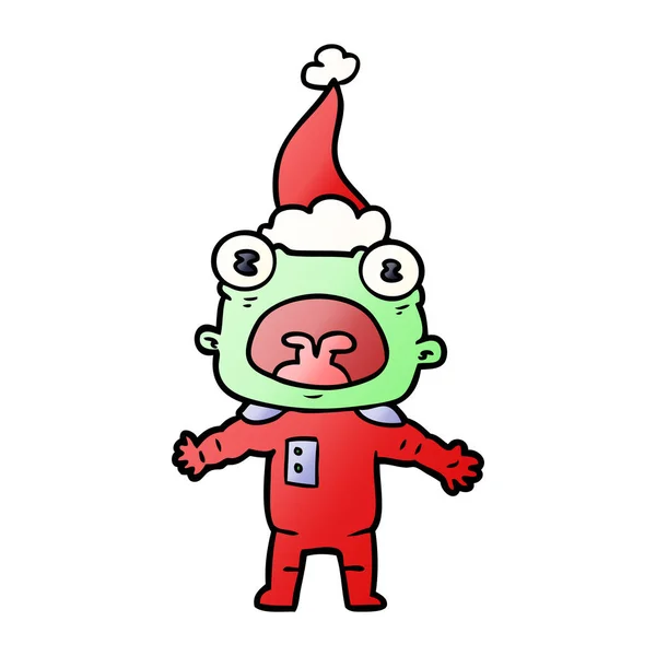Handgezeichnete Gradienten Karikatur Eines Seltsamen Außerirdischen Der Mit Weihnachtsmütze Kommuniziert — Stockvektor