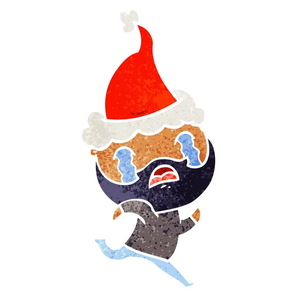 Giyen Noel Baba Şapkası Ağlıyor Sakallı Bir Adamın Retro Çizgi — Stok Vektör