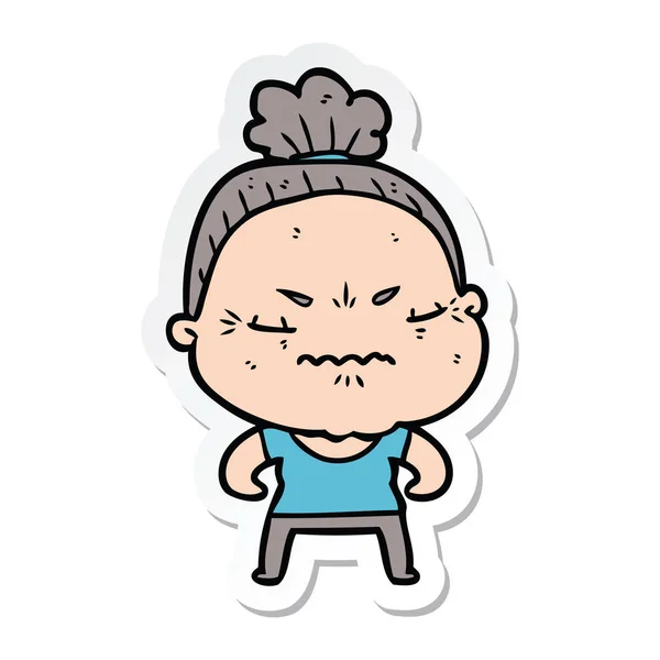 Sticker Cartoon Annoyed Old Lady — Stock Vector