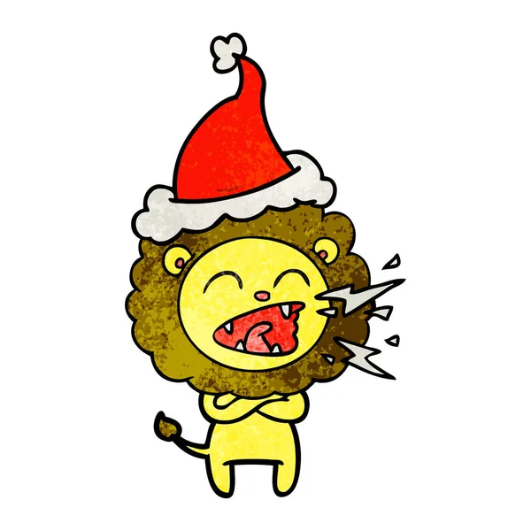 Hand Drawn Textured Cartoon Roaring Lion Wearing Santa Hat — Stock Vector